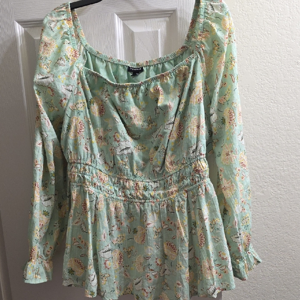Torrid Mint Green Peplum Floral Cotton Clip Smocked Blouse Size 1X